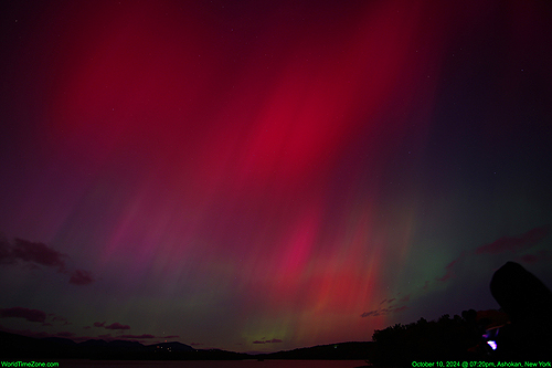 Aurora Borealis show during G3 severe Geomagnetic Storm on Oct 10 2024 - Northern Lights due a powerful X-class solar flare on October 8, 2024 worldtimezone world time zone Alexander Krivenyshev