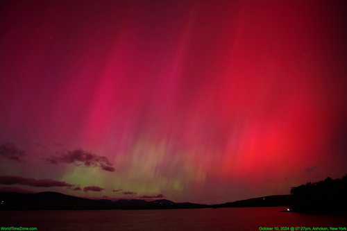 Aurora Borealis show during G3 severe Geomagnetic Storm on Oct 10 2024 - Northern Lights due a powerful X-class solar flare on October 8, 2024 worldtimezone world time zone Alexander Krivenyshev